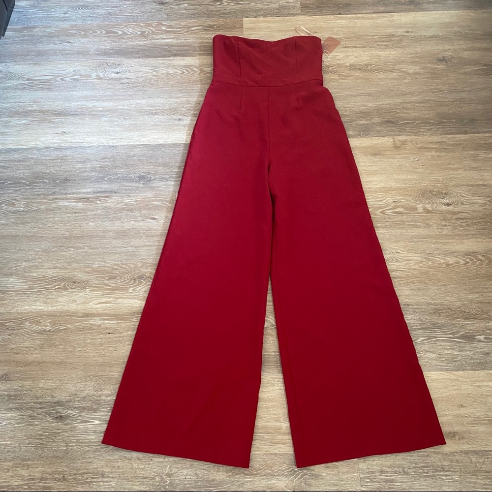 red strapless jumpsuit